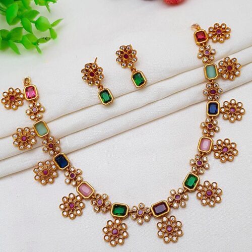 Navarathna Stones Flower Design Necklace