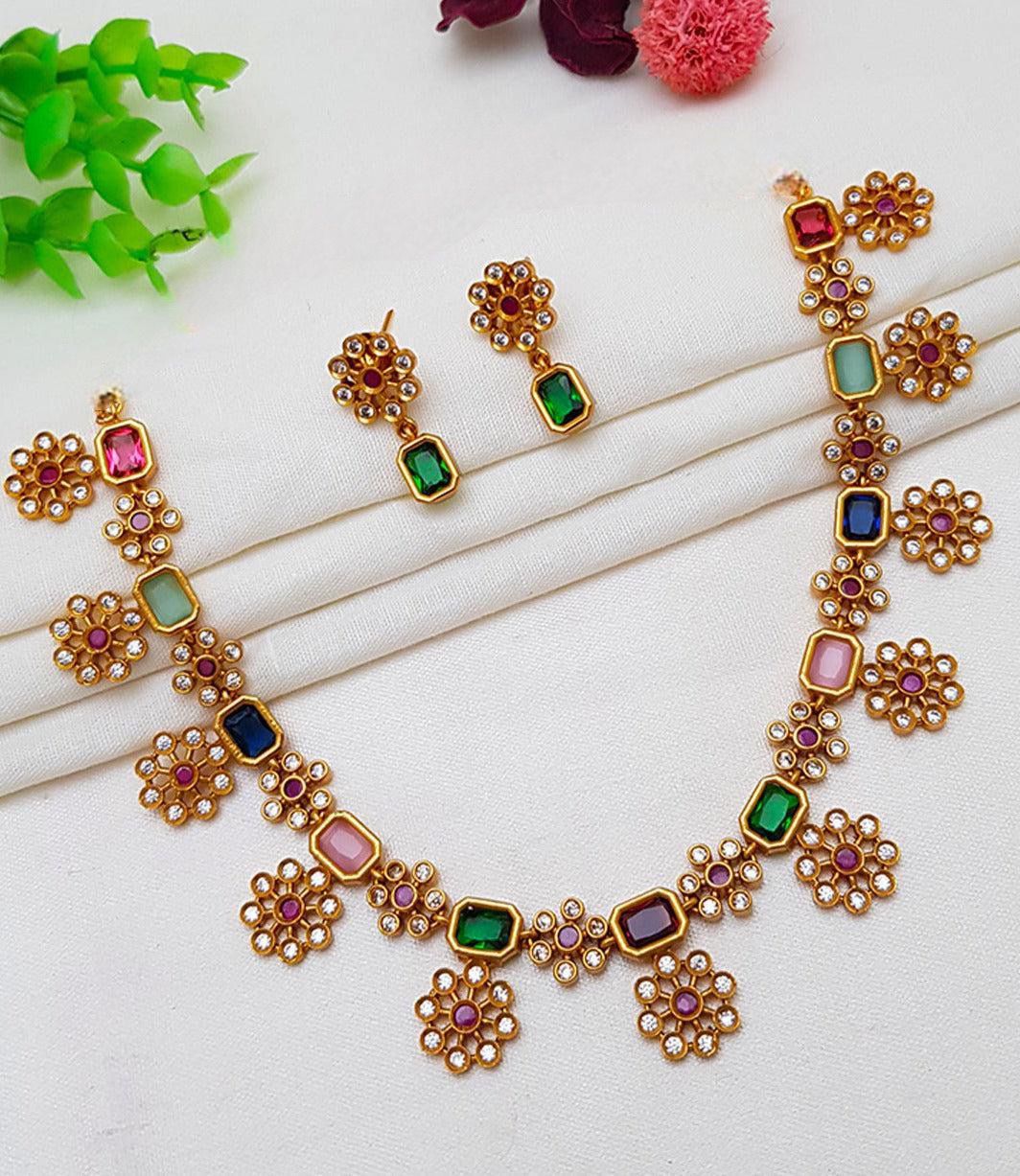 Navarathna Stones Flower Design Necklace