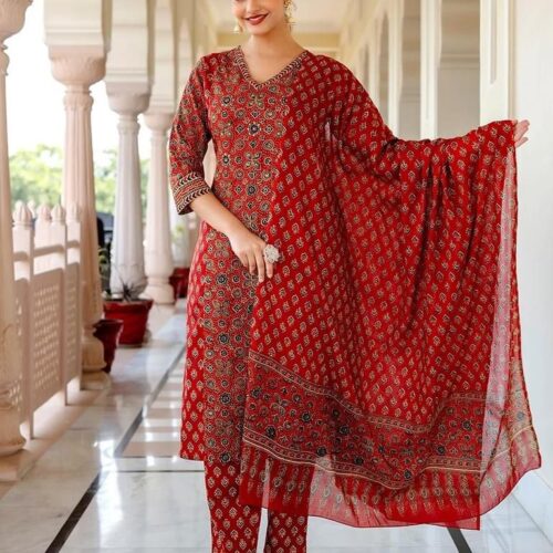 Kalamkari Fusion Azrak bagru print kurti pant dupatta set