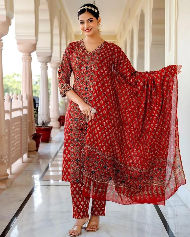 Kalamkari Fusion Azrak bagru print kurti pant dupatta set