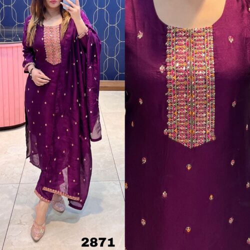 Silk Fabric Kurti With Pant & Sequence Dupatta - Wine