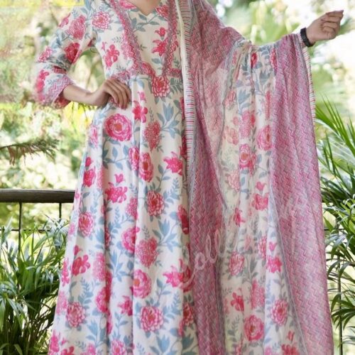 Cotton Floral Print Anarkali Kurthi Set
