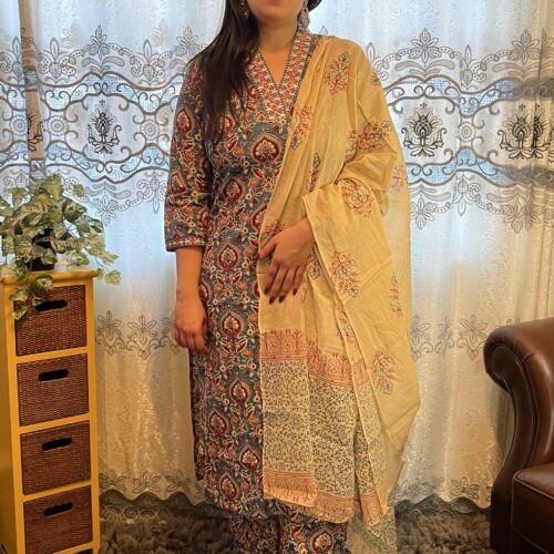 Kalamkari Print Cotton Salwar Suit - Teal blue