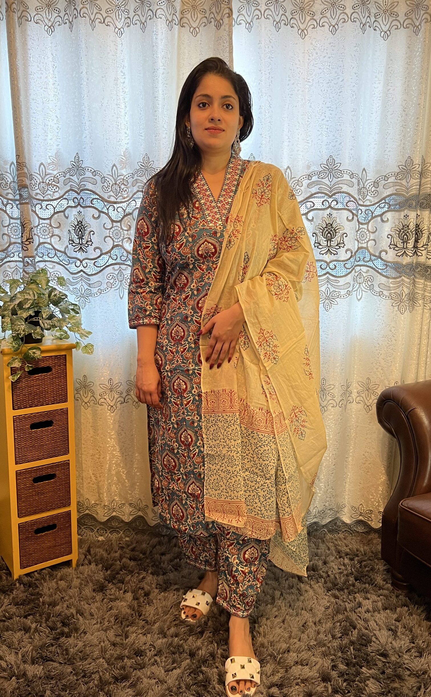 Kalamkari Print Cotton Salwar Suit - Teal blue