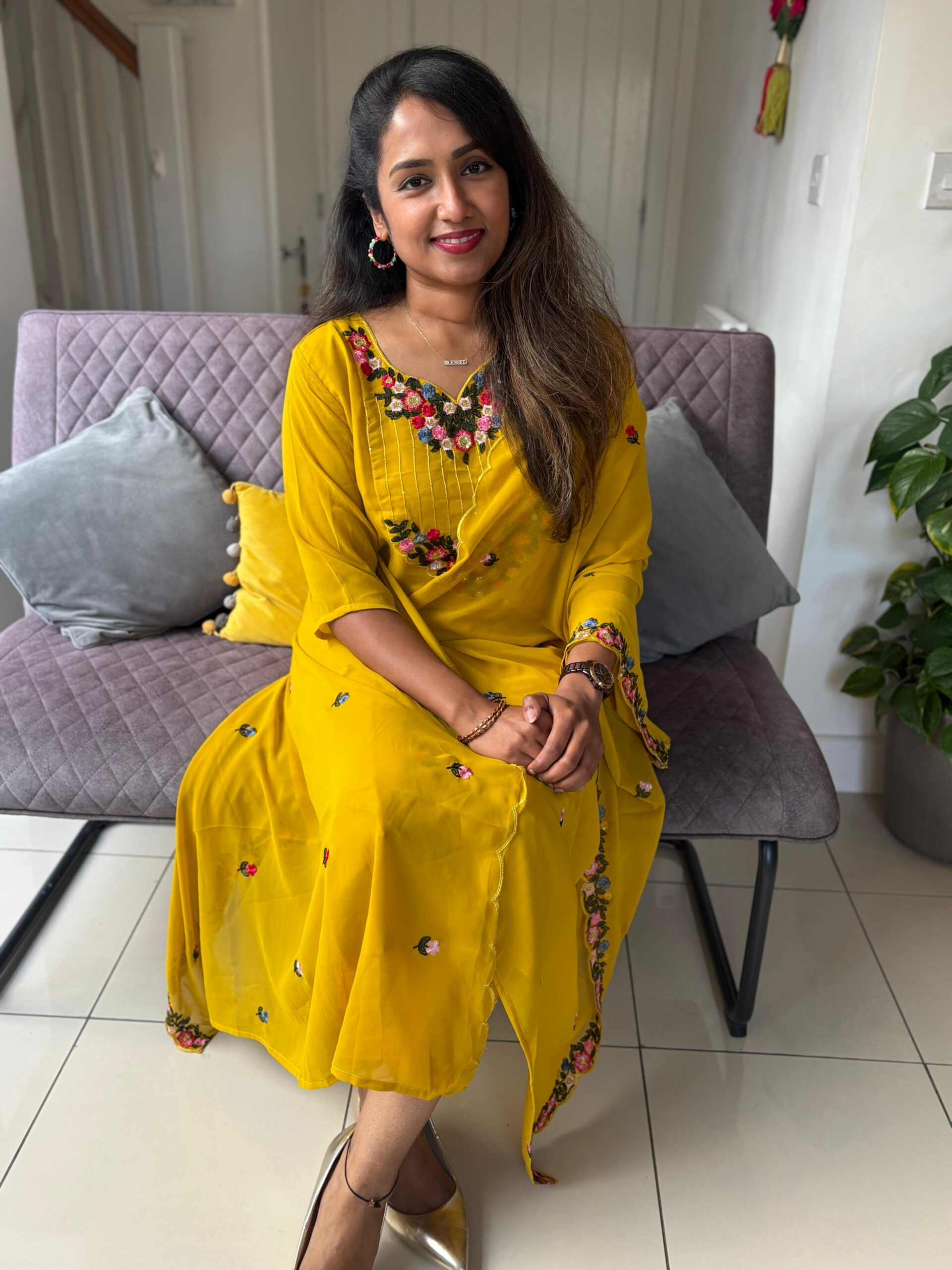 Georgette Floral Embroidery Salwar - Yellow