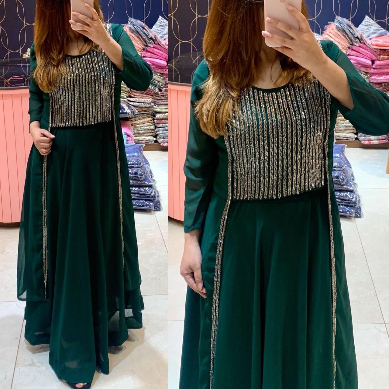 Designer Shrug Top & Skirt - Green - Size -40”