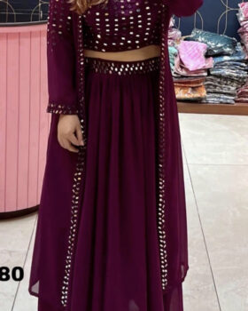 Designer Mirror Work Skirt & Top - Wine