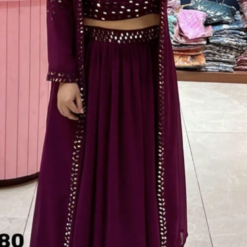 Designer Mirror Work Skirt & Top - Wine