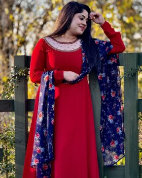 Jewel Neck Anarkali  - Red