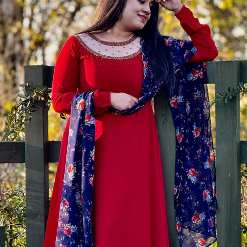 Jewel Neck Anarkali  - Red