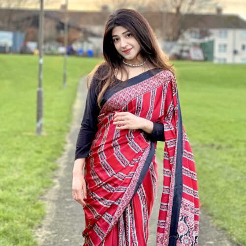 Red & Black Ajrakh Print Modal Saree