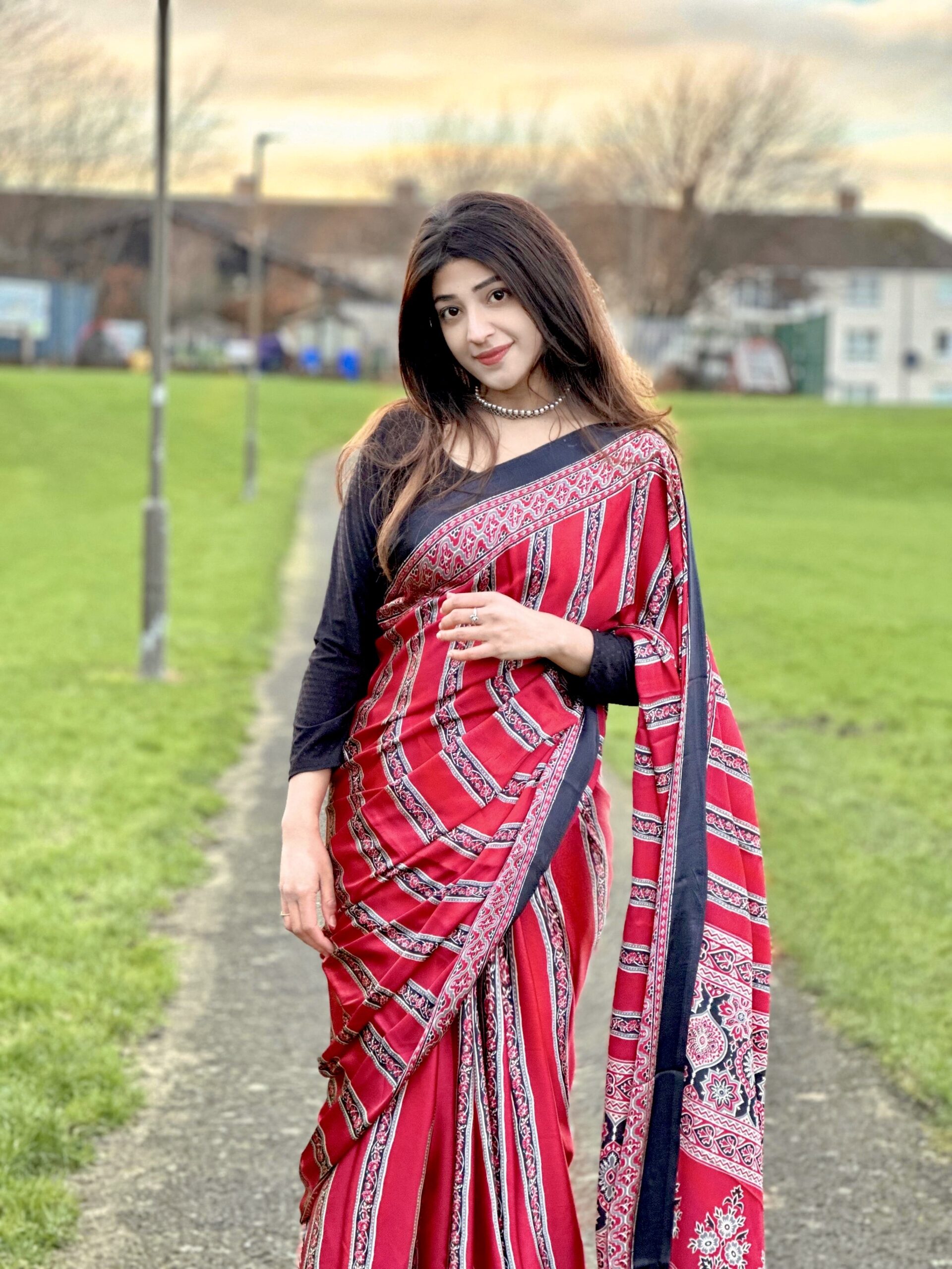 Red & Black Ajrakh Print Modal Saree