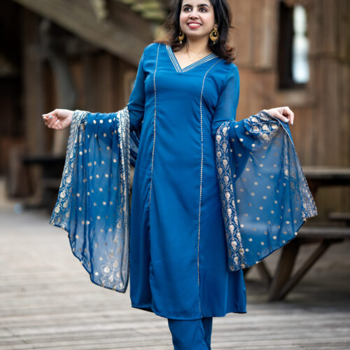 Teal Blue golden printed duppatta - Salwar set