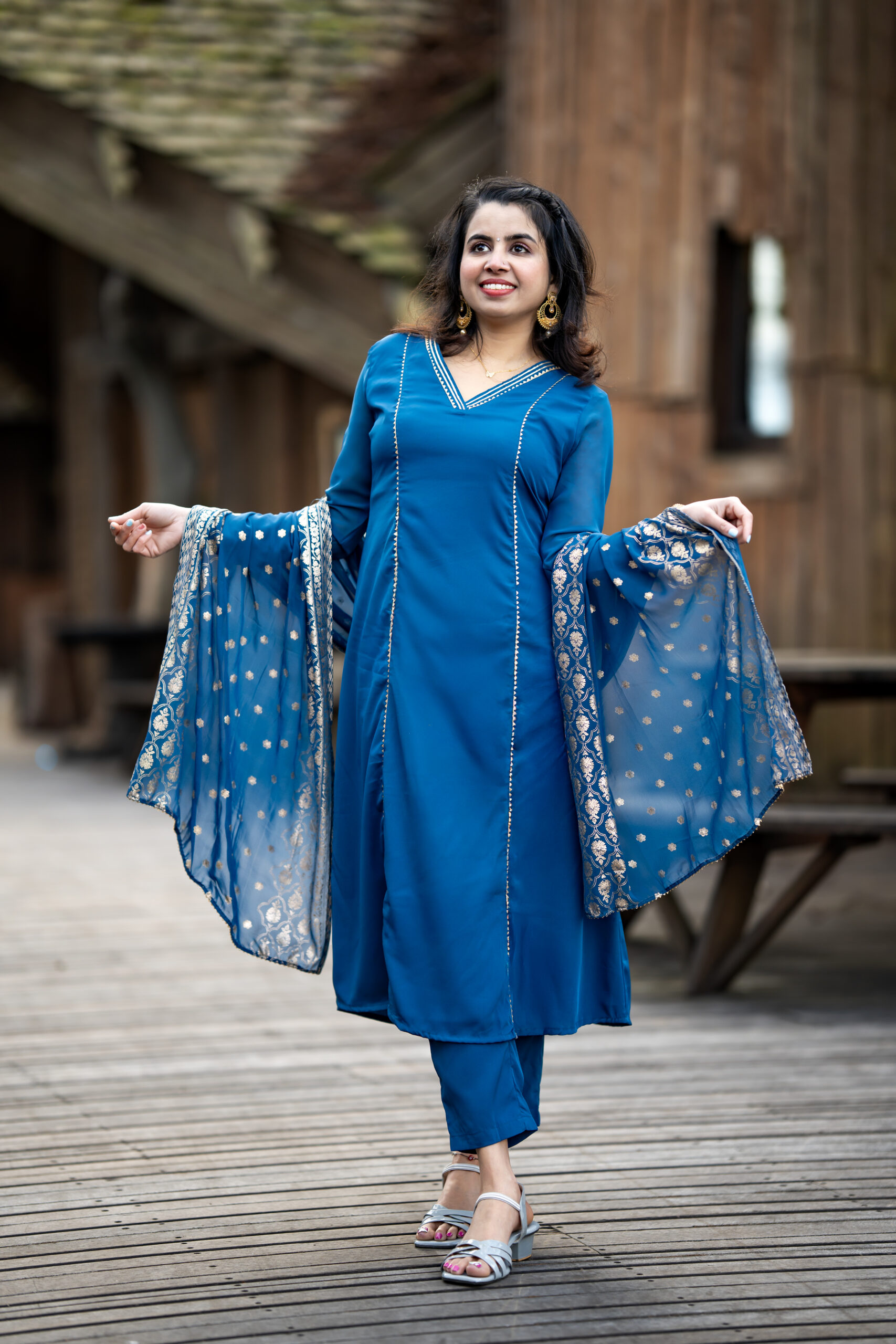 Teal Blue golden printed duppatta - Salwar set