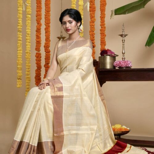 Maroon Border Tissue Kerala Set Saree