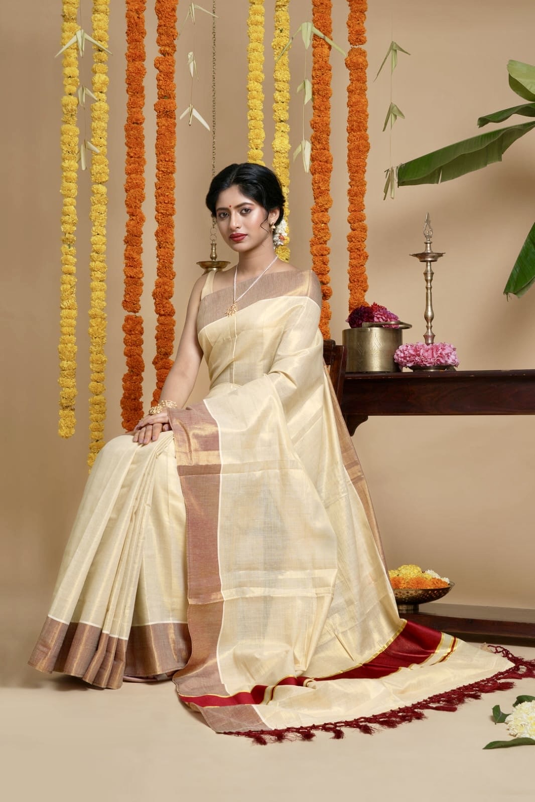 Maroon Border Tissue Kerala Set Saree