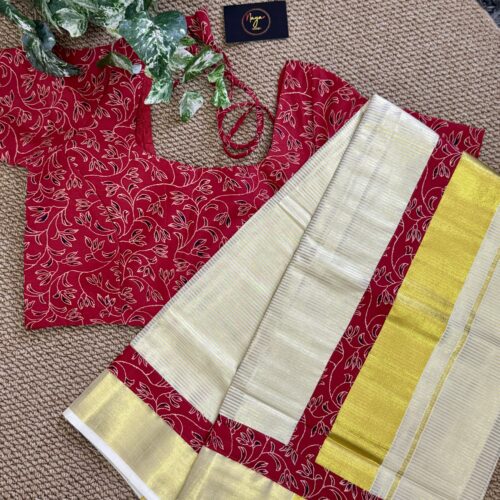 Exquisite Ajrakh Golden Tissue Line Kerala Kasavu Set Saree with Stitched Blouse
