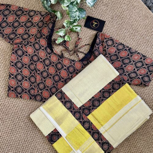 Exquisite Black Ajrakh Golden Tissue Line Kerala Kasavu Set Saree with Stitched Blouse