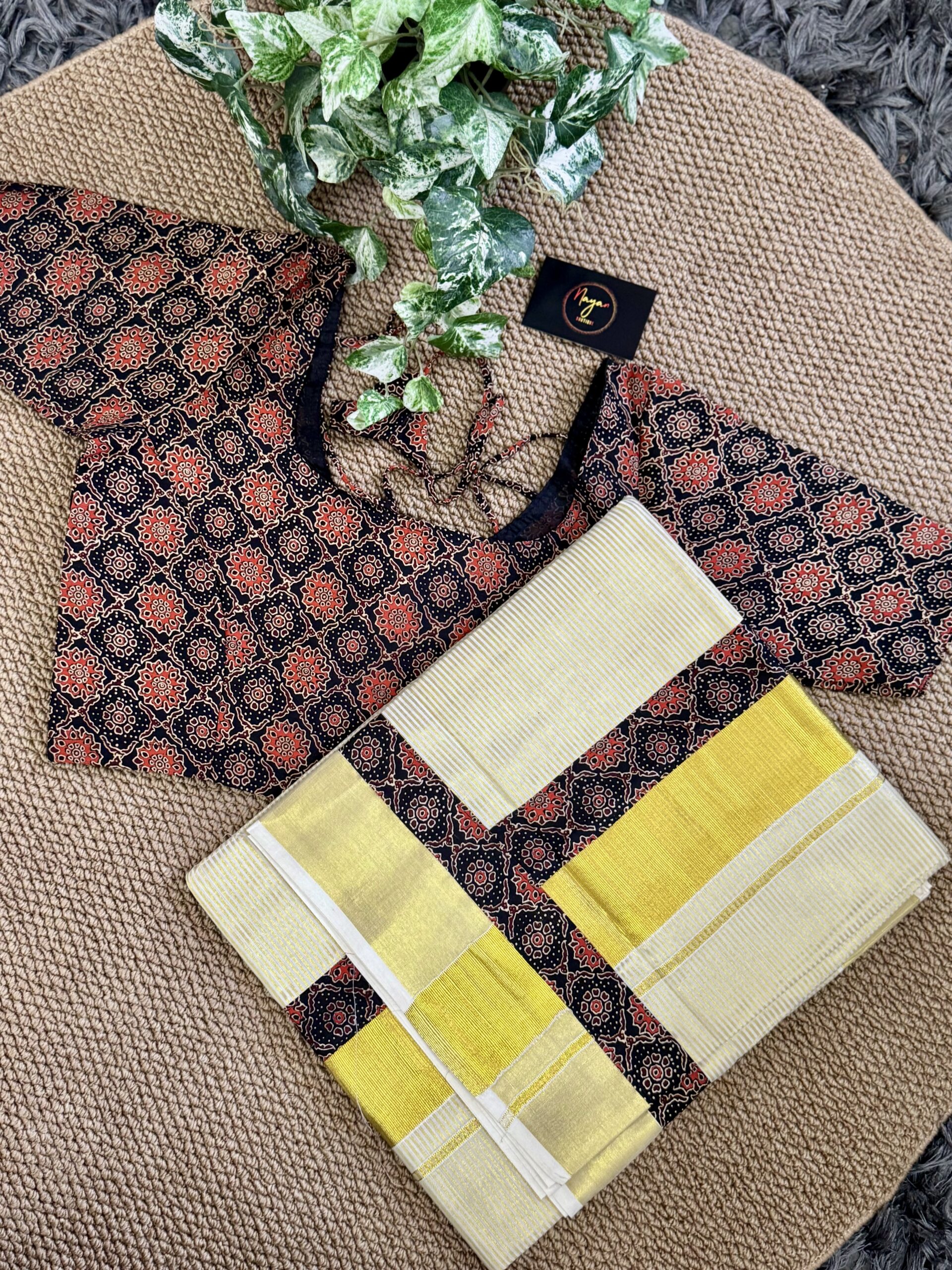 Exquisite Black Ajrakh Golden Tissue Line Kerala Kasavu Set Saree with Stitched Blouse
