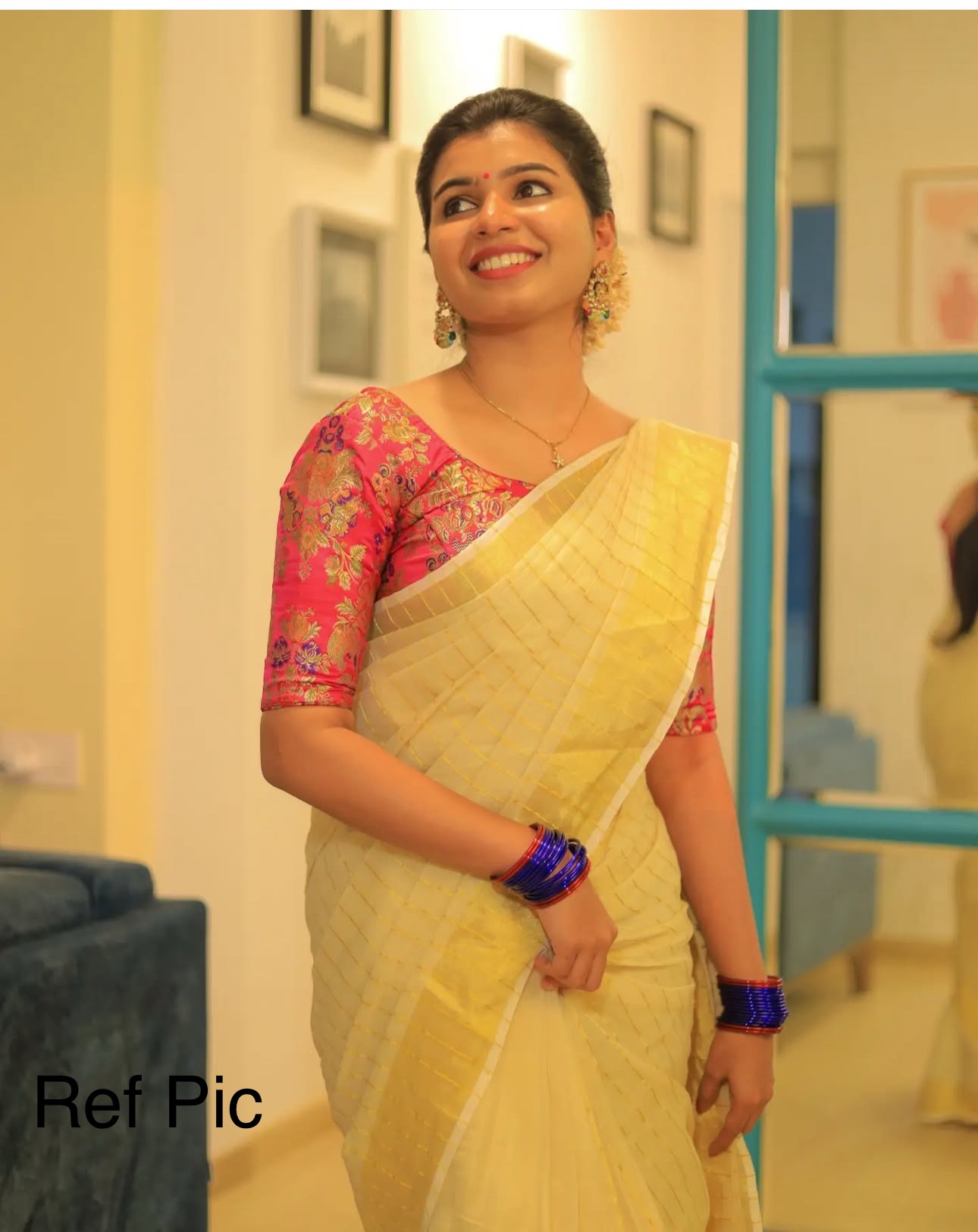 Ready to Wear Tissue Set Saree with Gold Stripe