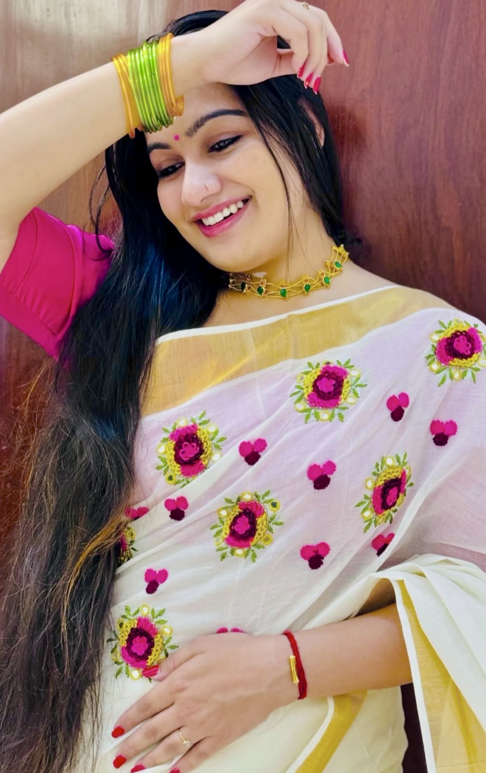 Floral Cotton Handworked Saree with Stitched Blouse
