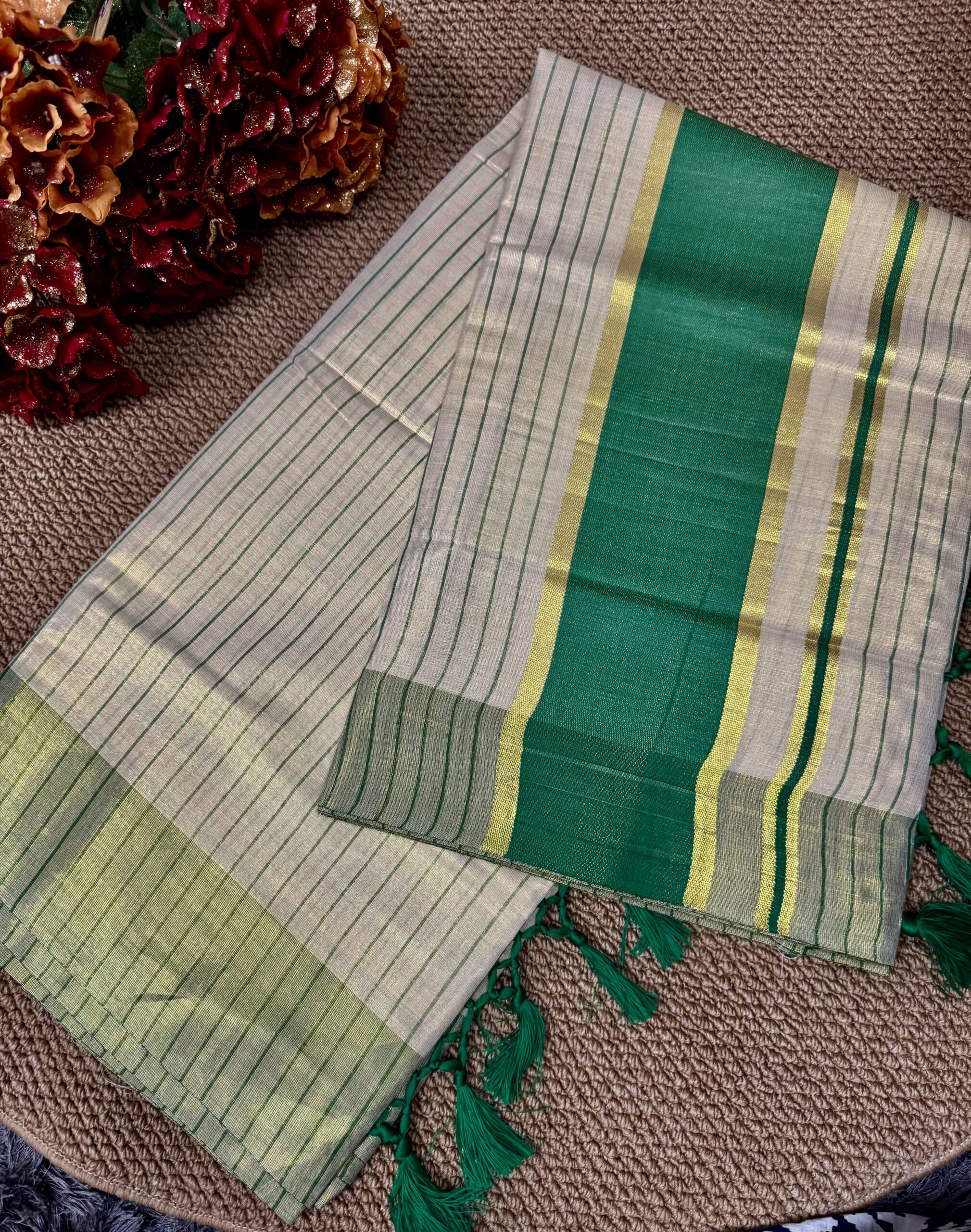 Golden Tissue Kerala Set Saree with GreenGold Stripes
