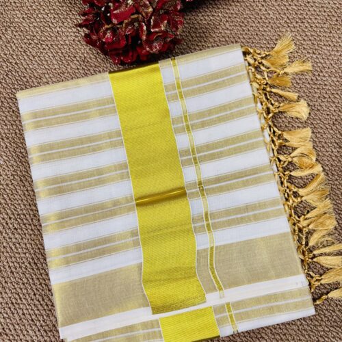 Golden Thick Stripes Cotton  Kerala Set Saree