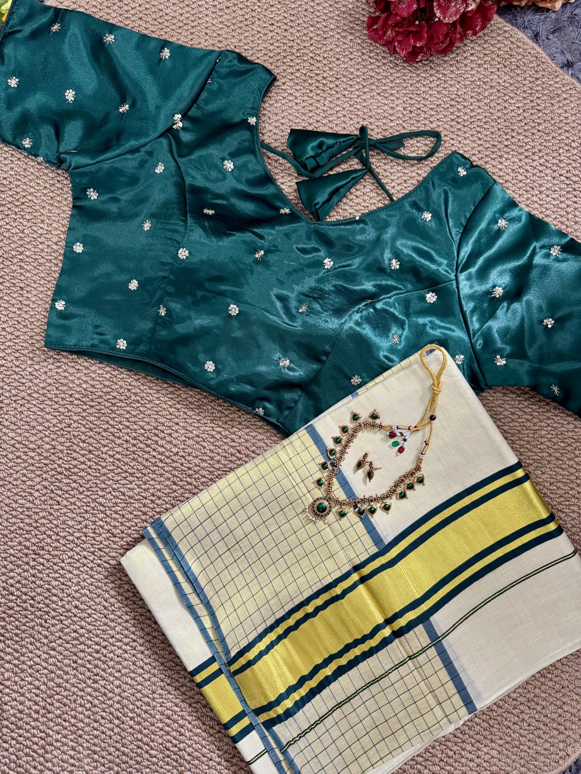 Bottle Green  Blouse with Check Patern  Saree