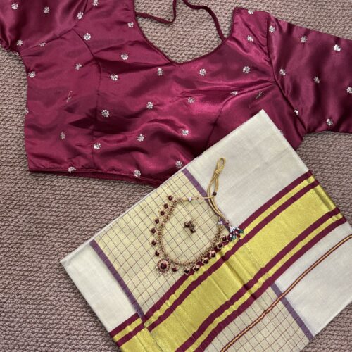 Maroon Blouse with Check Pattern  Saree