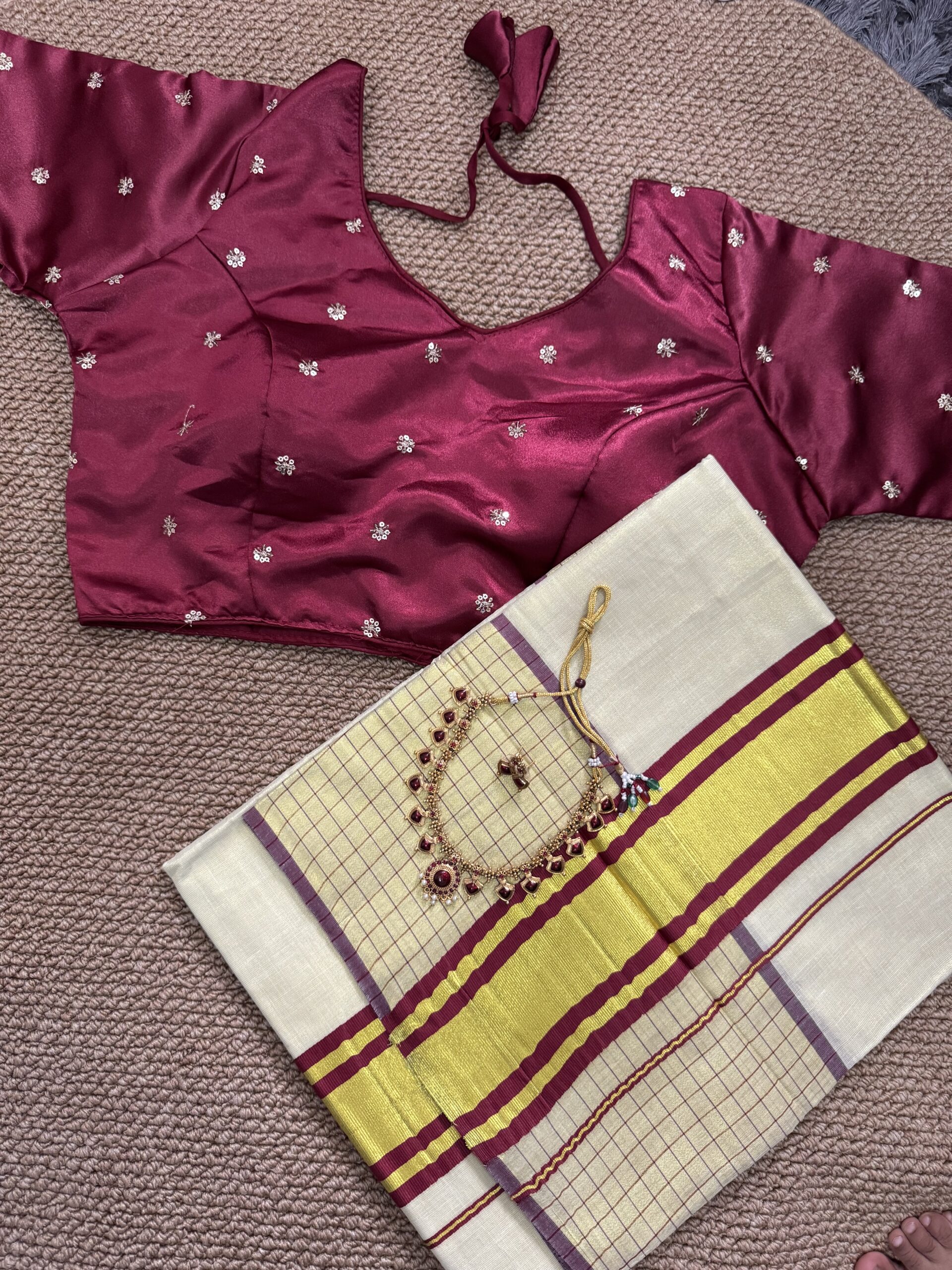 Maroon Blouse with Check Pattern  Saree