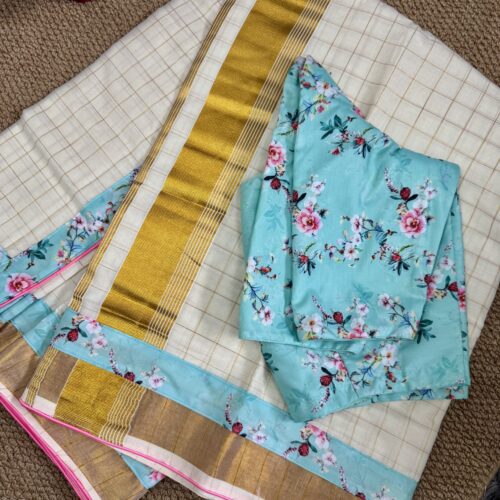 Designer Aqua Blue Floral Saree with Stitched Blouse