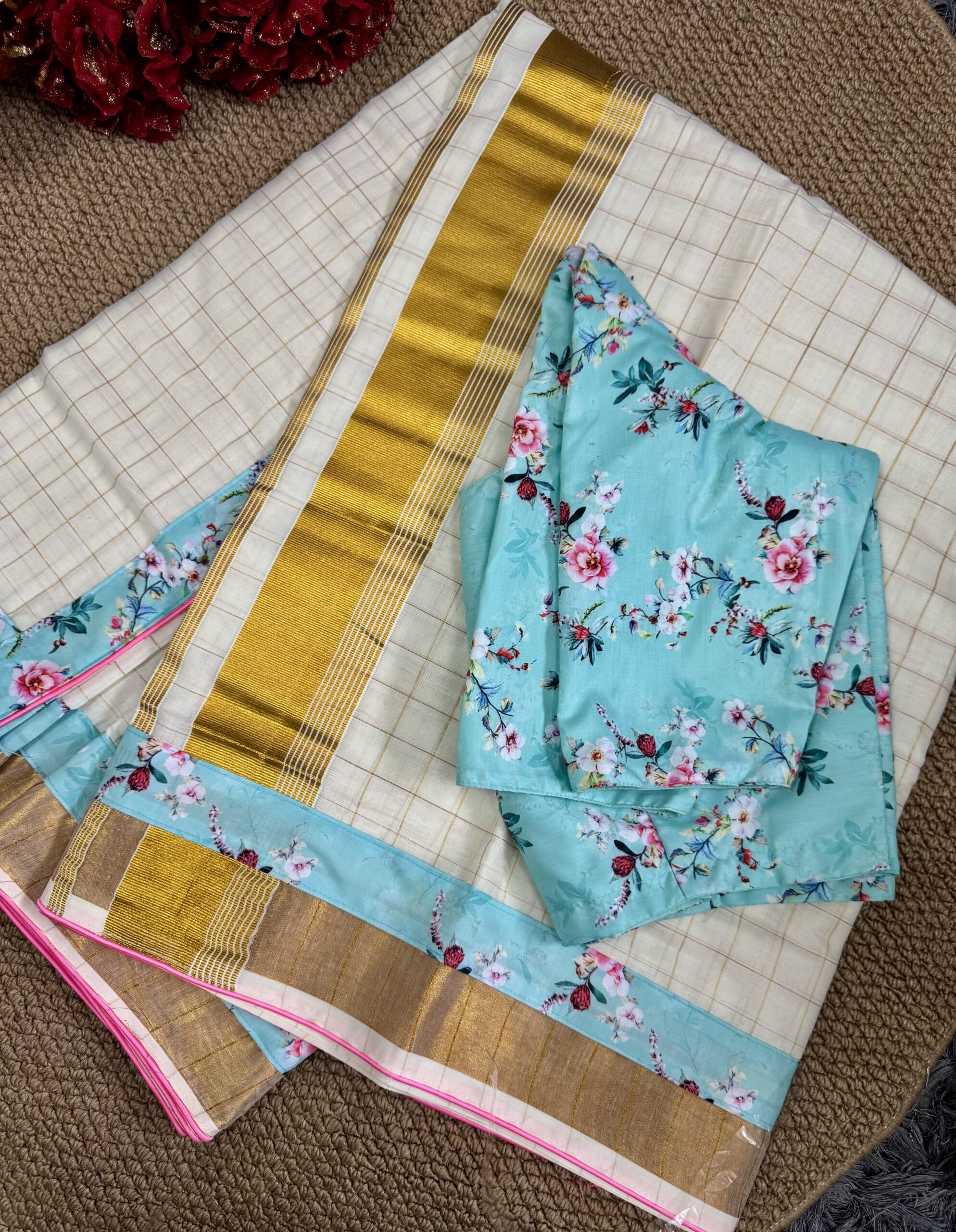 Designer Aqua Blue Floral Saree with Stitched Blouse