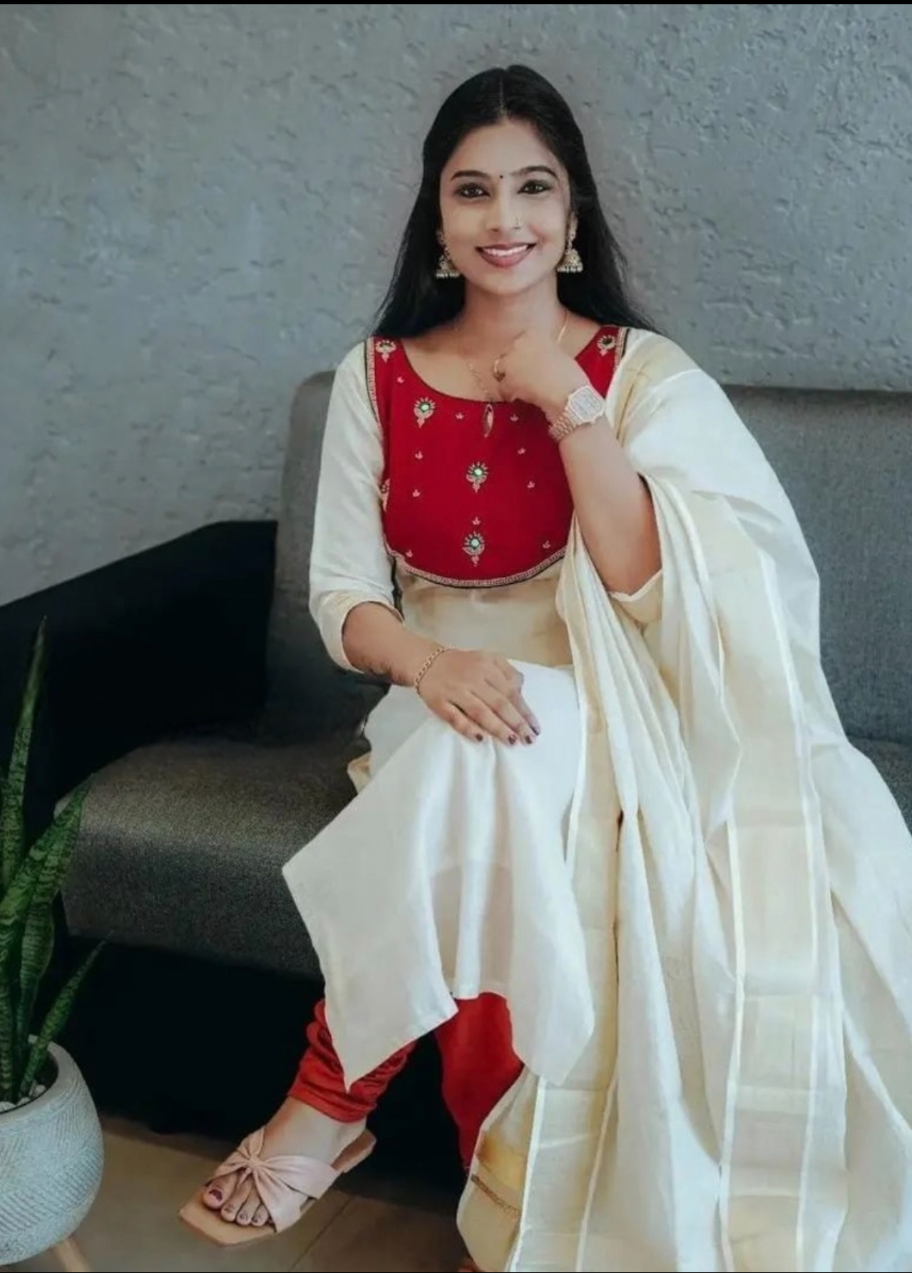 Golden Tissue Salwar Set - Red