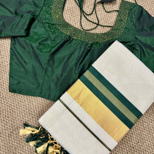 Bottle Green Handworked Blouse with Handloom quality Cotton Saree