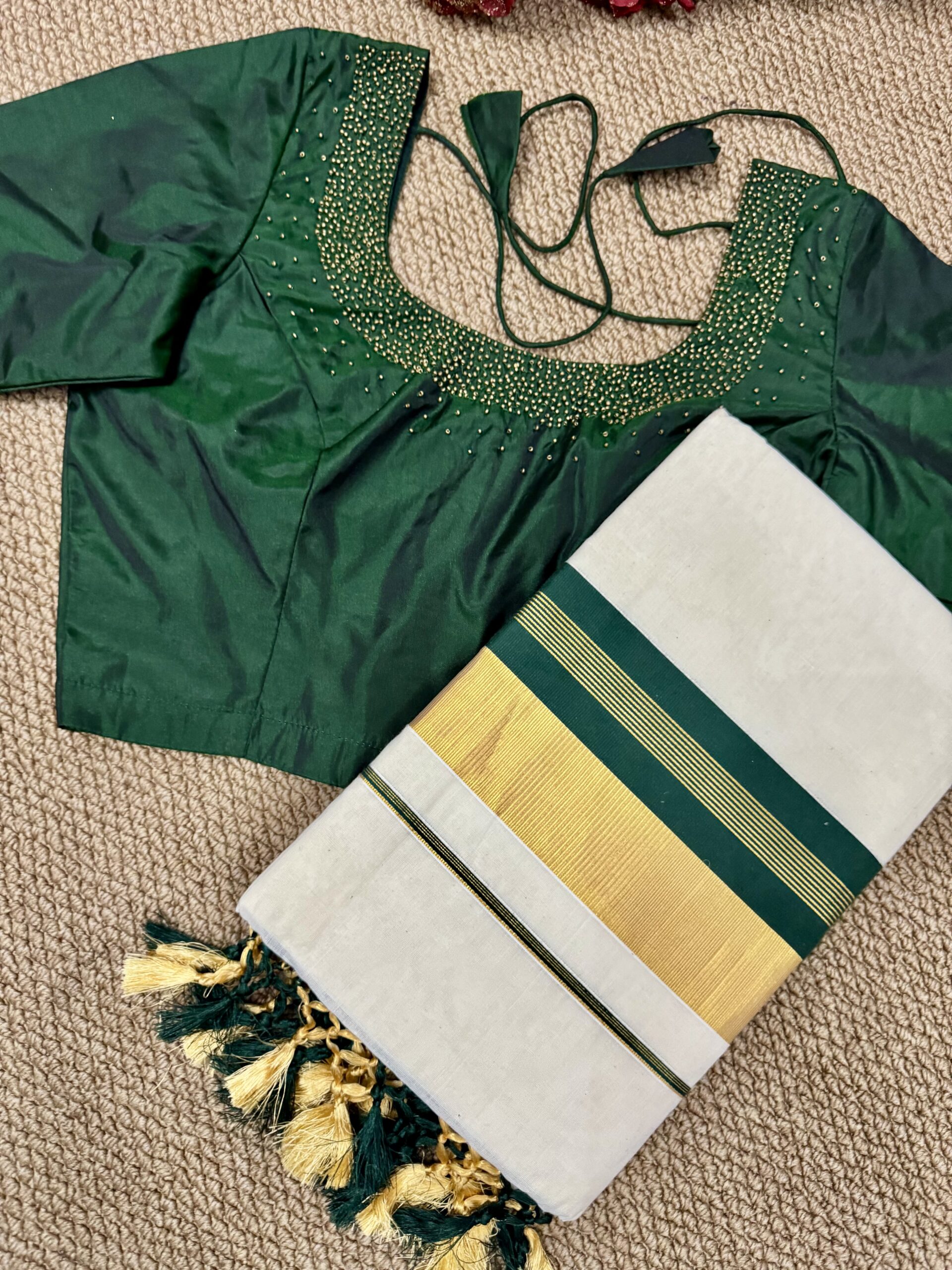 Bottle Green Handworked Blouse with Handloom quality Cotton Saree