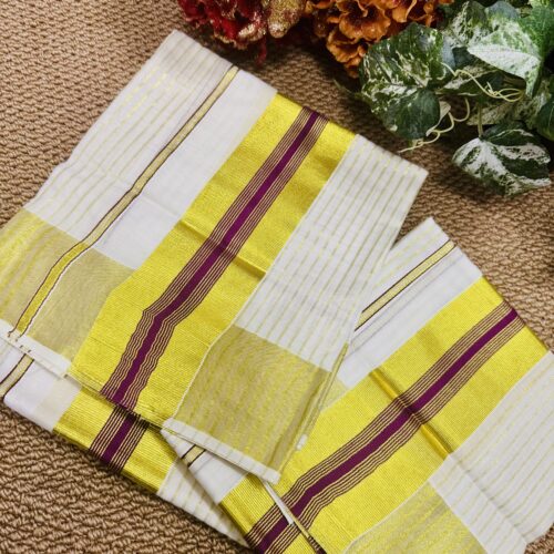 Purple Gold Combo Cotton Stripe Set Mundu