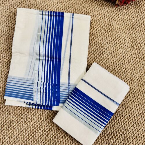 Blue Silver Combo Cotton Set Mundu