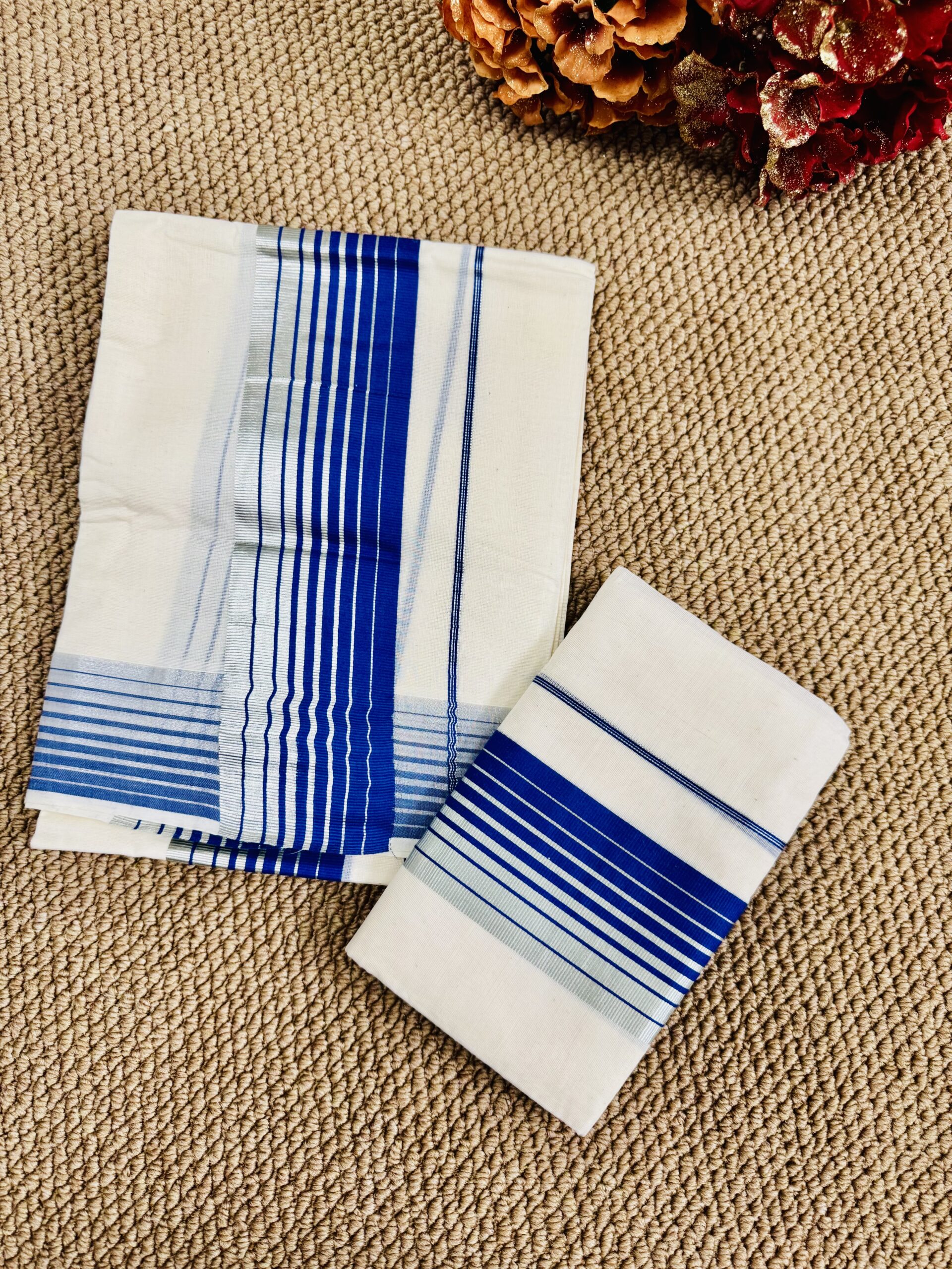 Blue Silver Combo Cotton Set Mundu