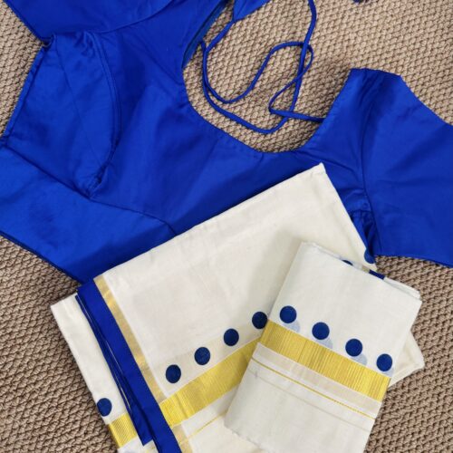 Blue Blouse with Polka Design  Set  Mundu