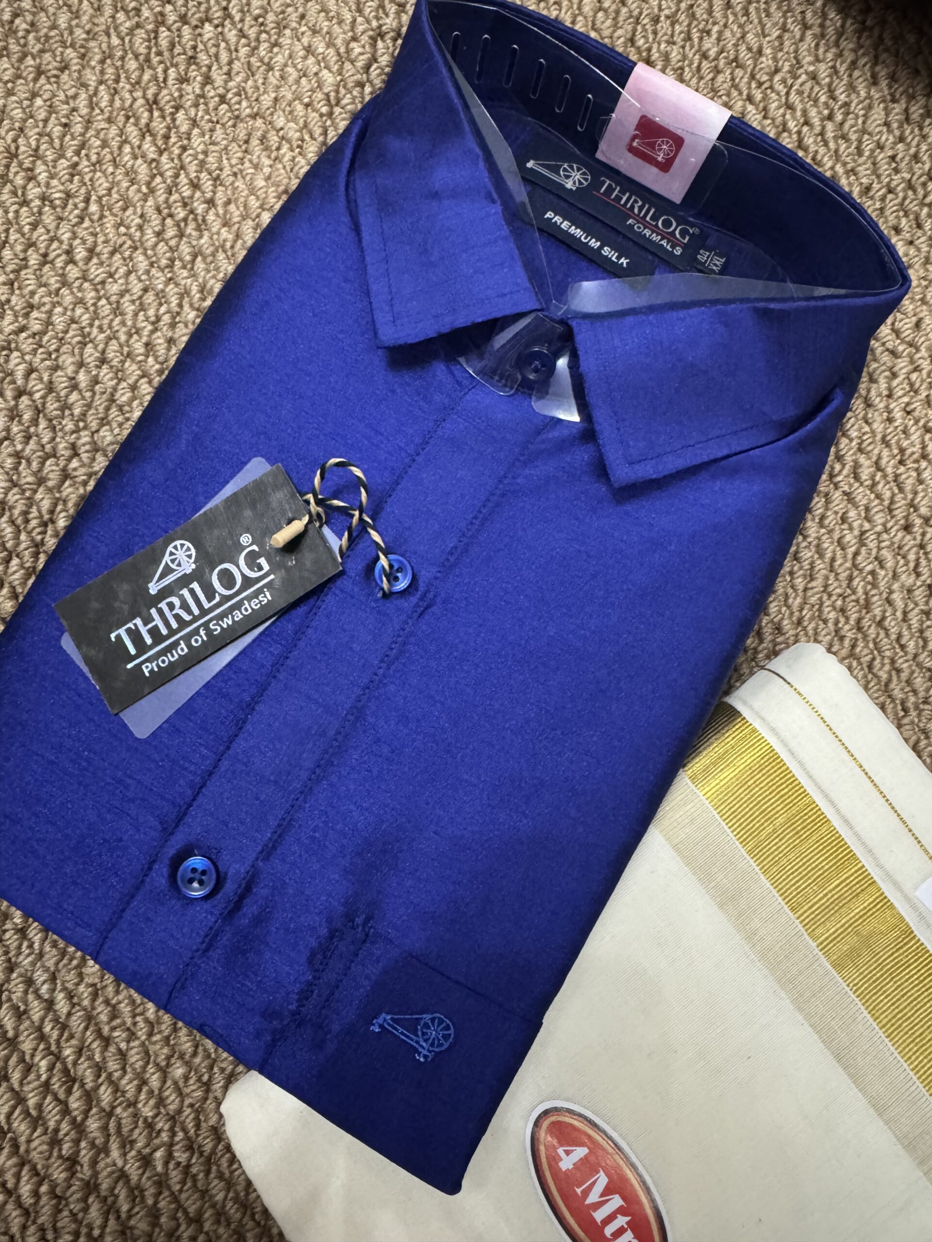Blue Slub Silk Shirt  & Mundu - Size  44”