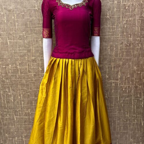 Handcrafted Semi-Silk Pattu Pavada - Yellow & Magenta
