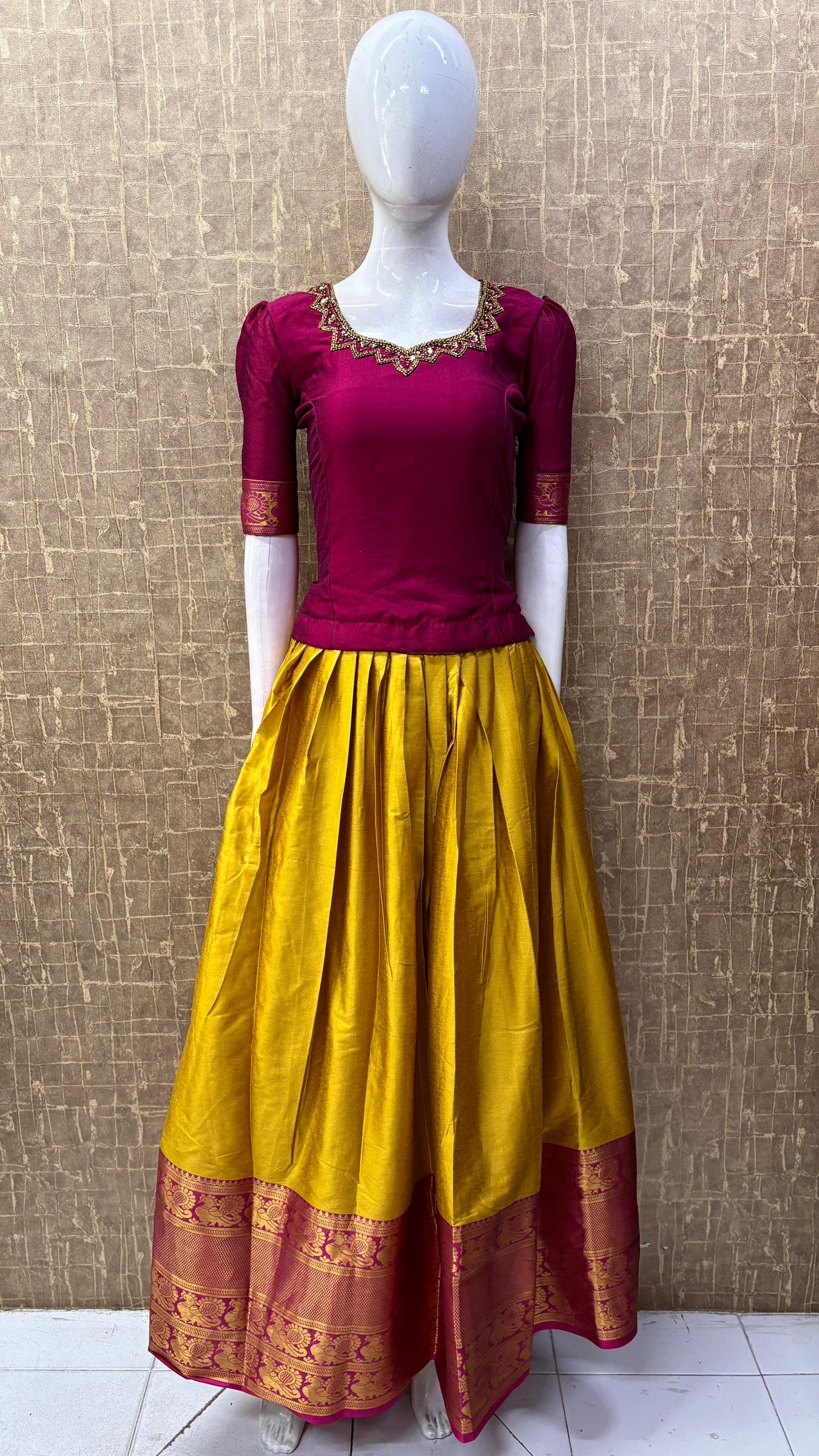 Handcrafted Semi-Silk Pattu Pavada - Yellow & Magenta