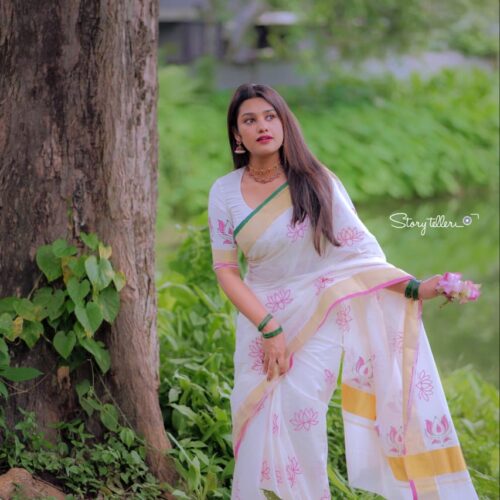 Lotus Hand Block Print Set Saree