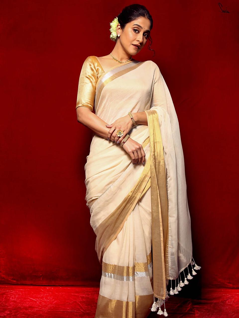 MulMul Cotton Saree - Gold Zari