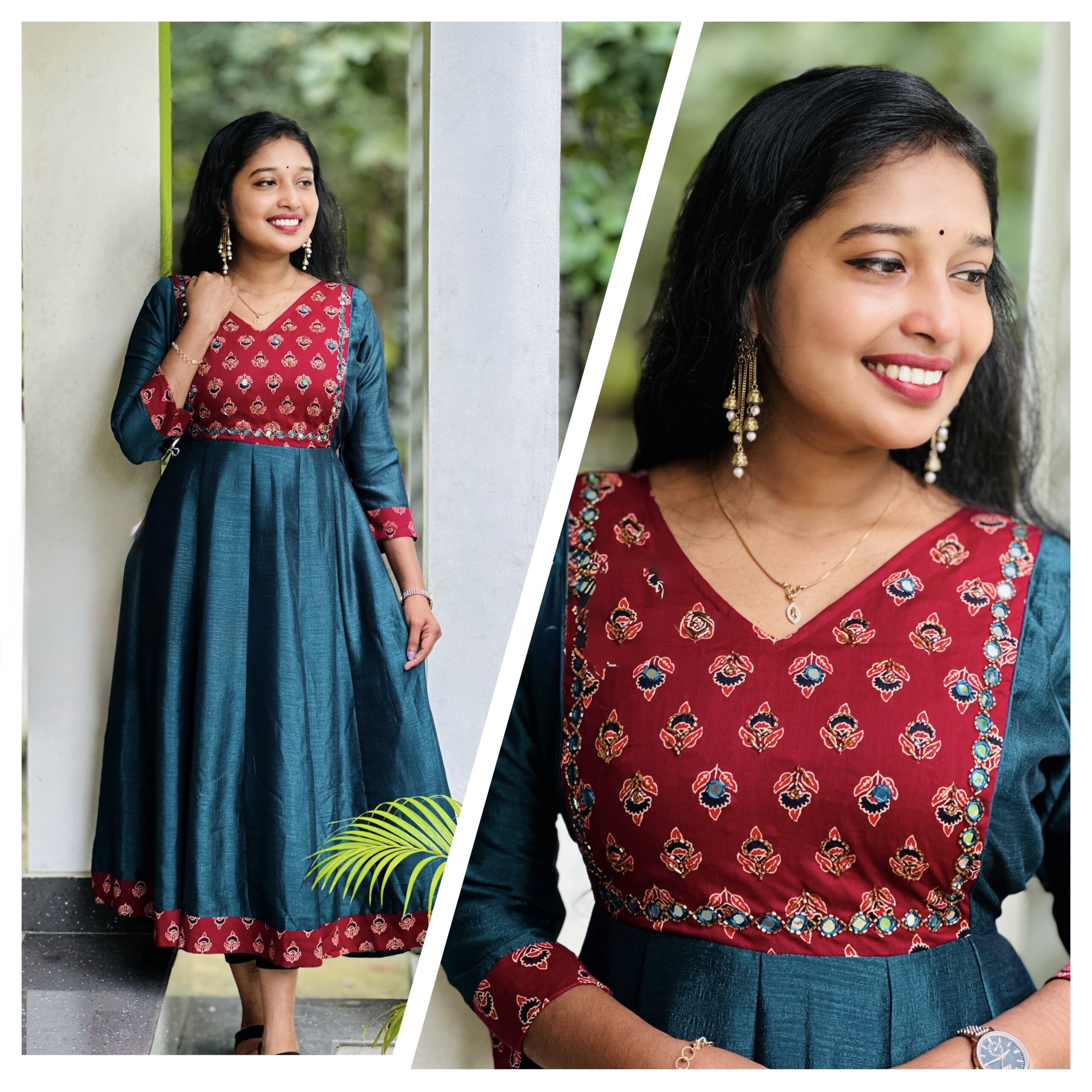 Designer Handwork  Panel Kurthi - Peacock Blue