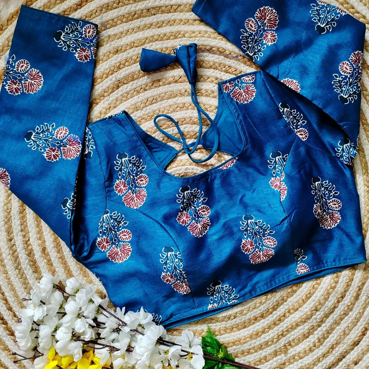 Kalamkari Print Blouse -Teal Blue