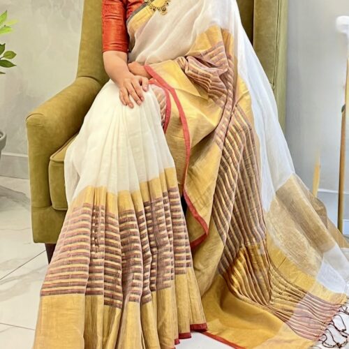 Linen Saree with Broad Zari Border Saree