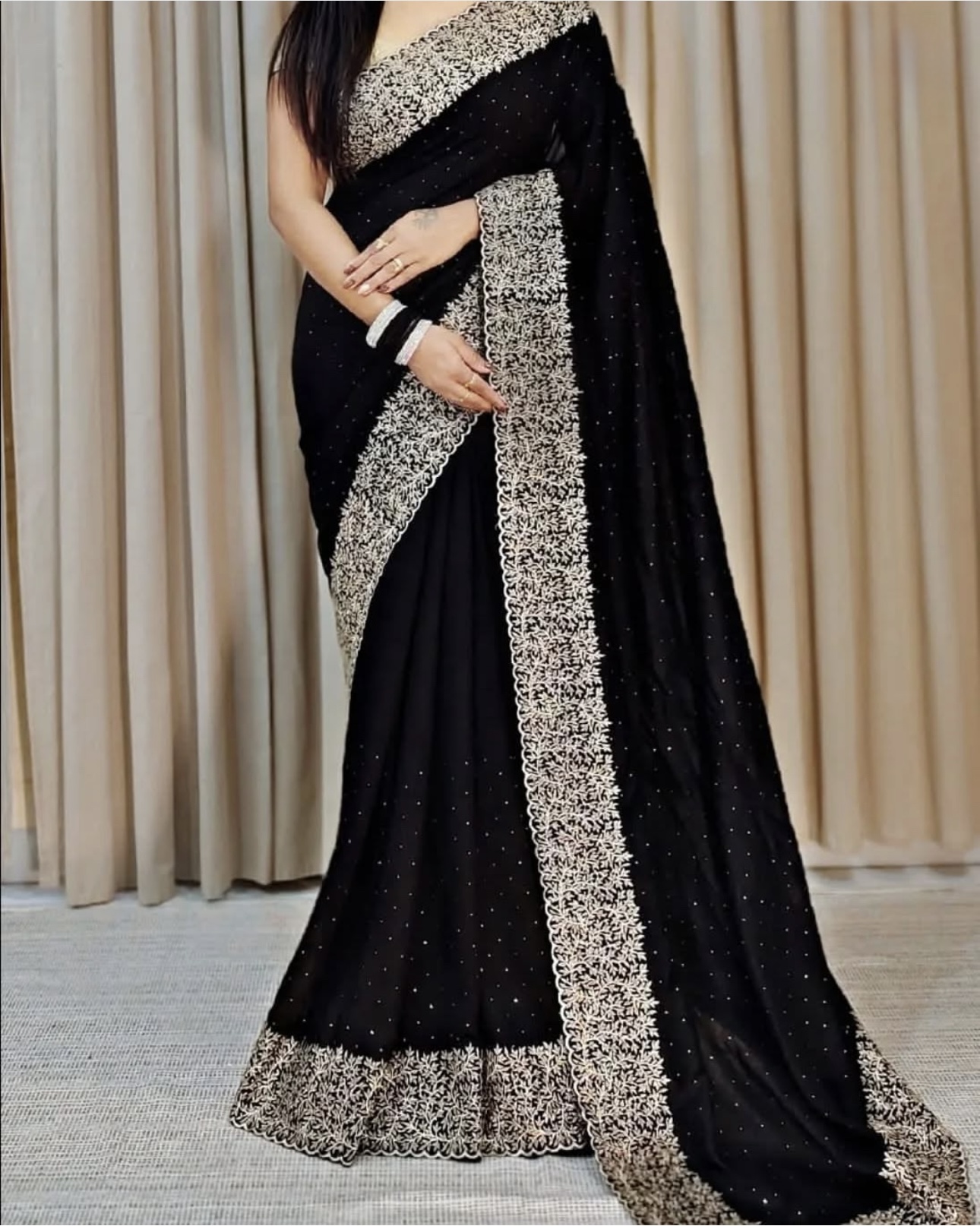 Black Vichithra Silk Embroidery  Saree with Stone Work