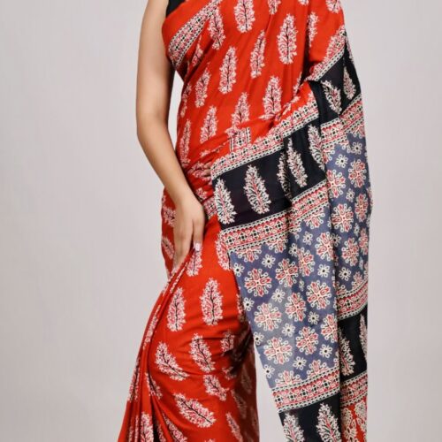 Red & Black  Block Print Cotton Saree