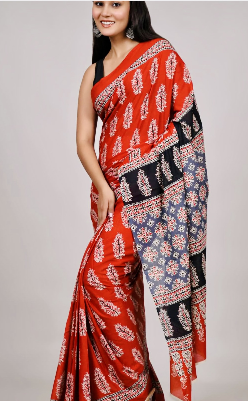 Red & Black  Block Print Cotton Saree